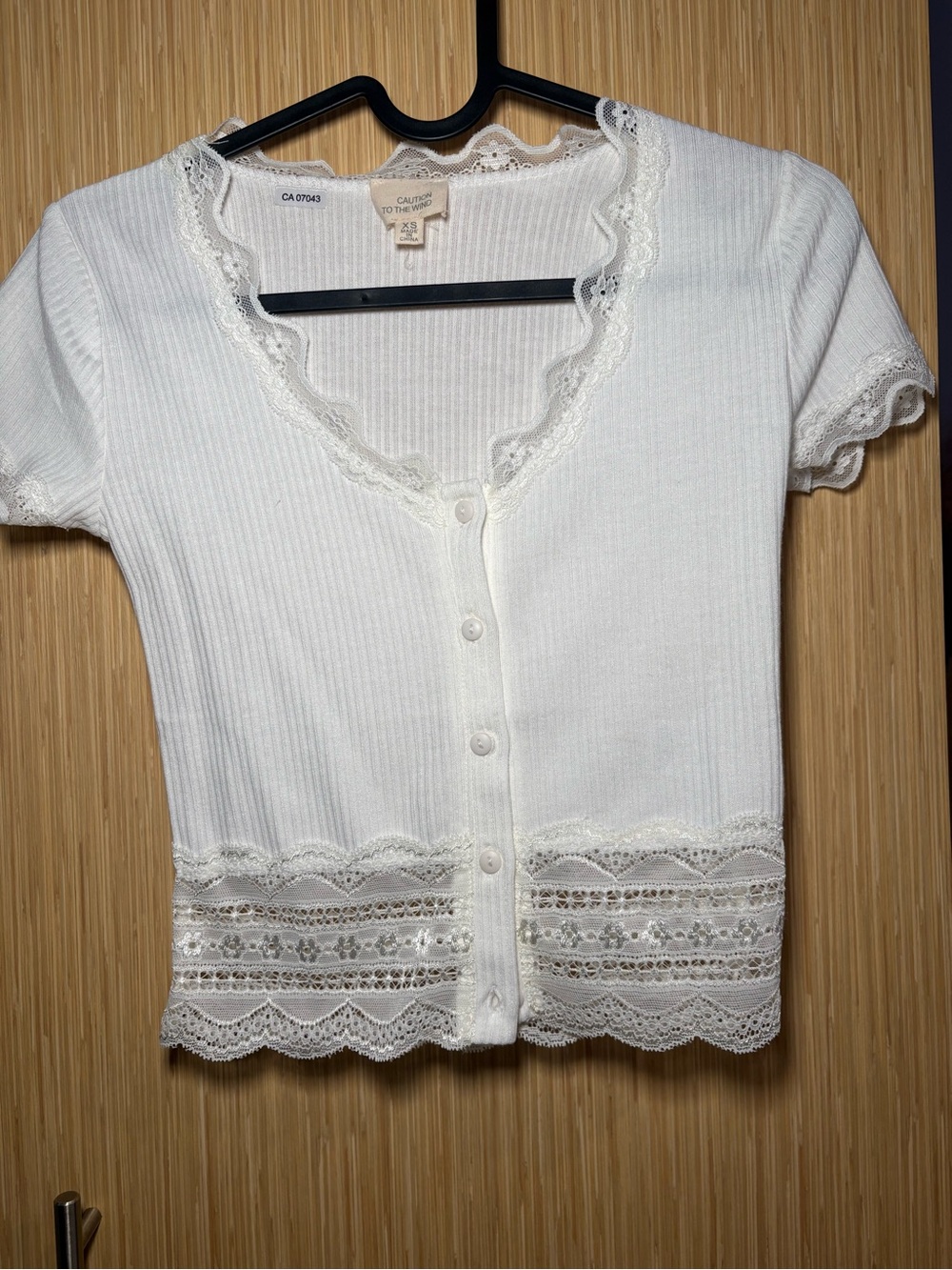 White Lace-Trim Ribbed Button Cardigan